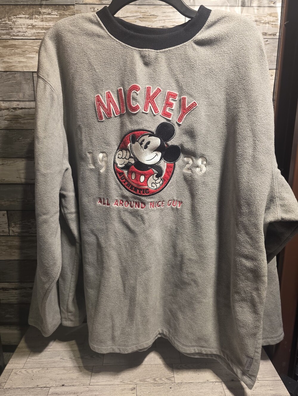 Disney Gray Crewneck Sweatshirt with Mickey Embroidery and Red Accents